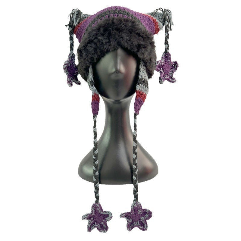 Hand-Crocheted Winter Beanie - Sweet Cat Ear Design with Star Ribbon, Wool & Cotton Blend for Warmth