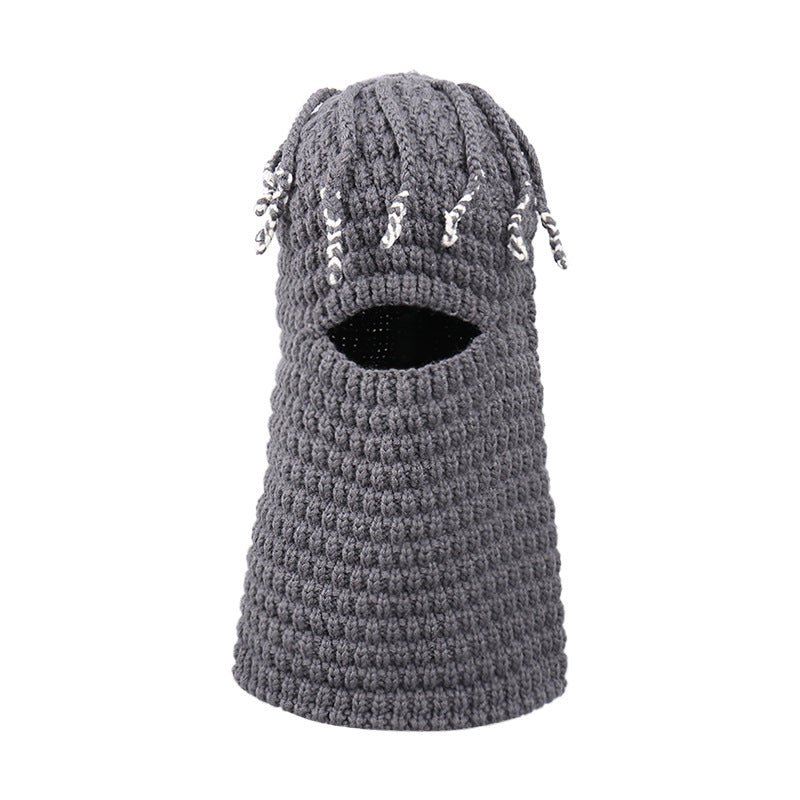 Knitted Beanie for Unisex, Autumn Winter Funny Ear-Warming Mask-Integrated Cap, Trendy Headwear