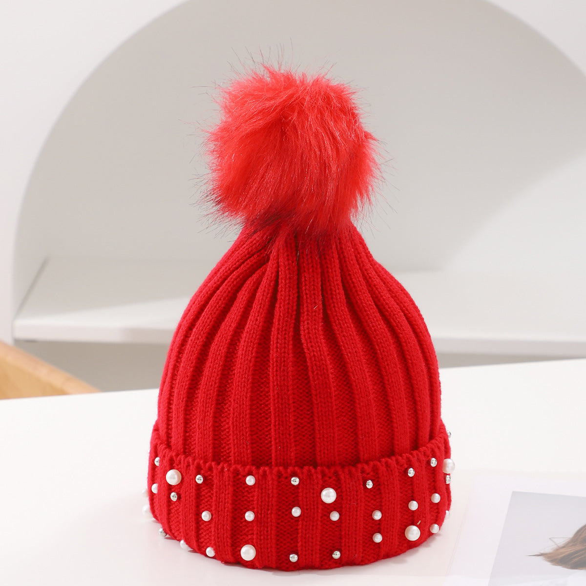 Pearl Knit Pom-Pom Beanie - Cozy Winter Hat