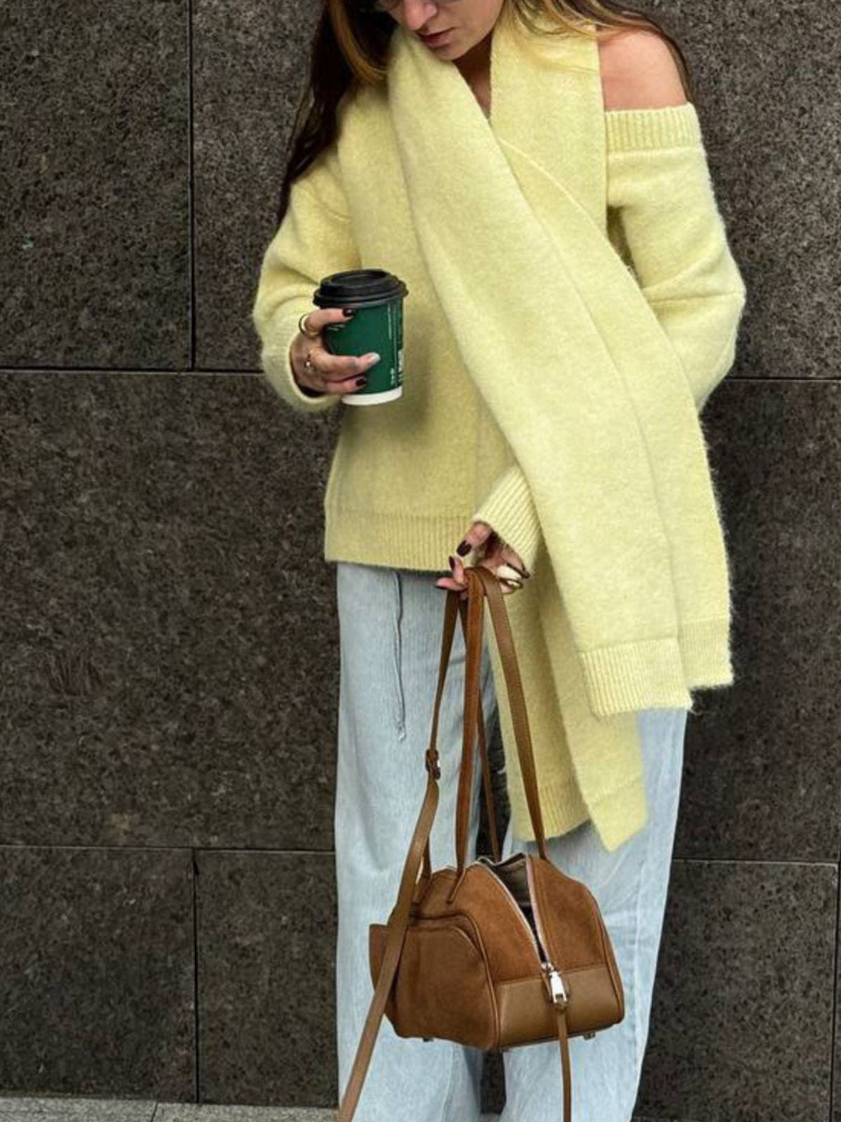 Oversized V Neck Dropped Shoulder Sweater with Scarf