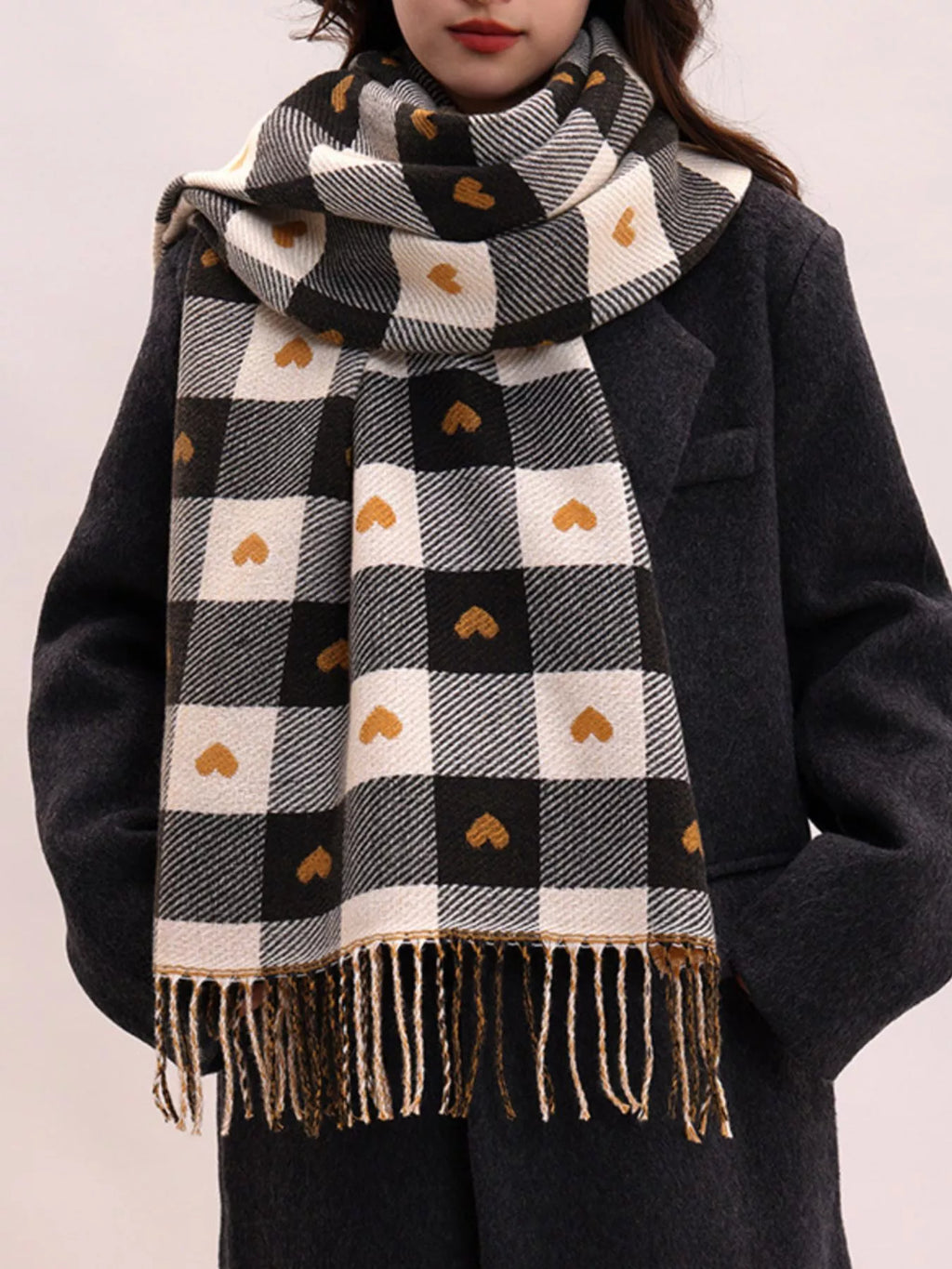 Heart Plaid Tassel Scarf