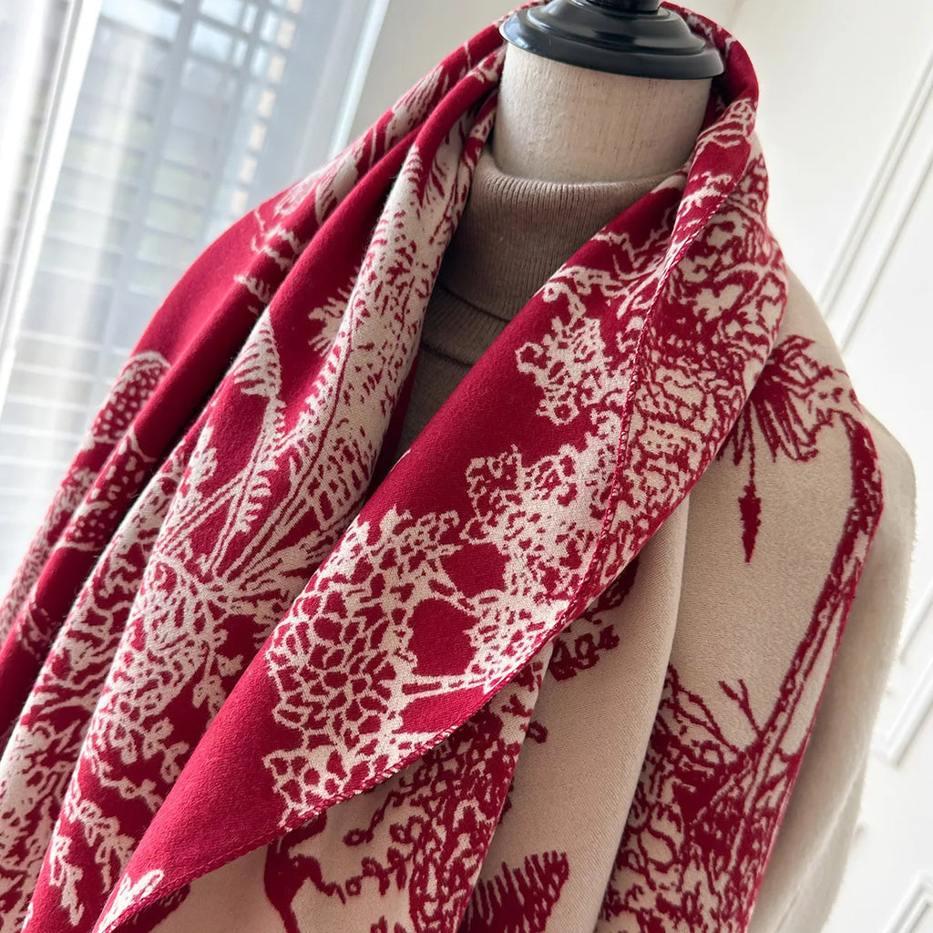 Deep Red Printed Raw Hem Winter Scarf
