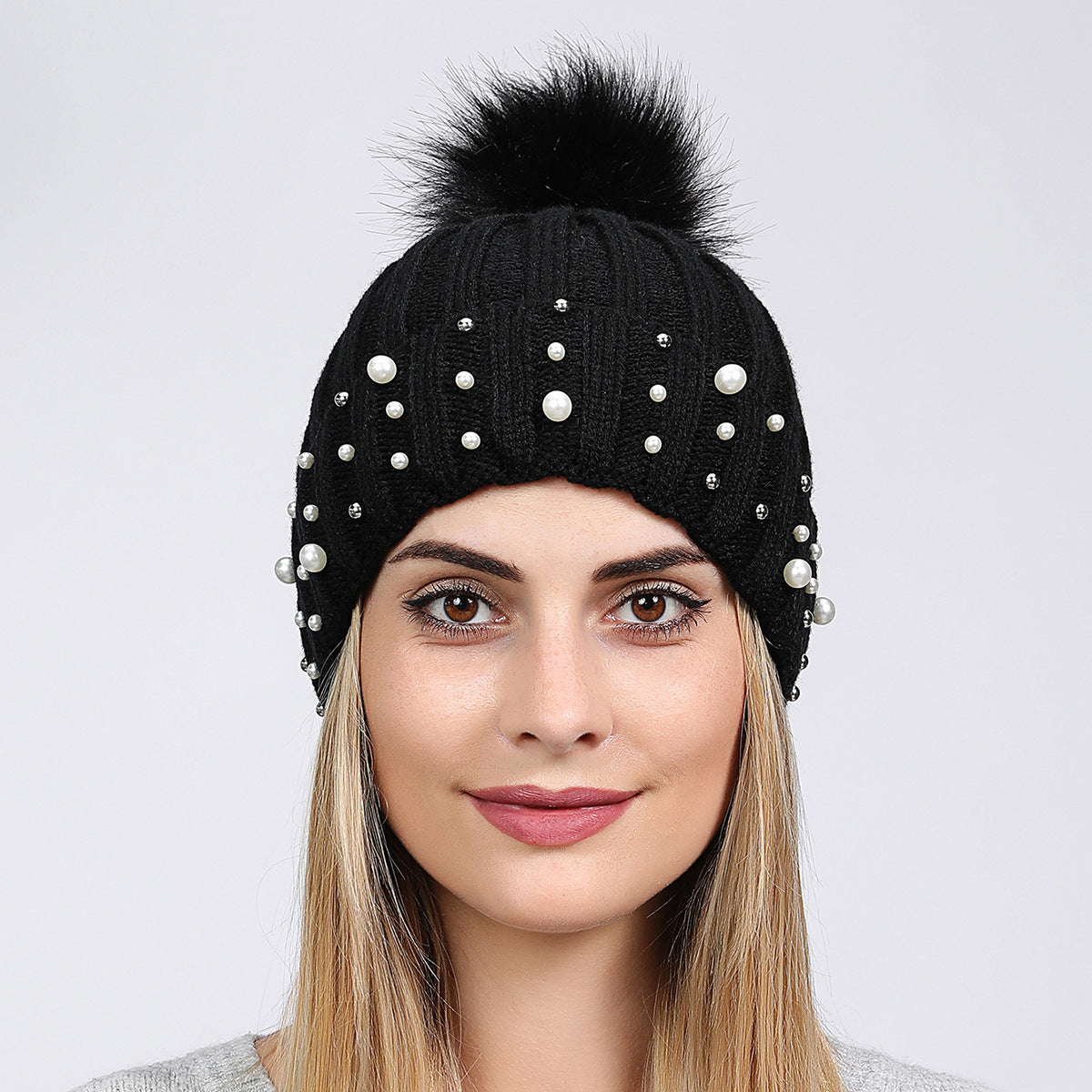 Pearl Knit Pom-Pom Beanie - Cozy Winter Hat