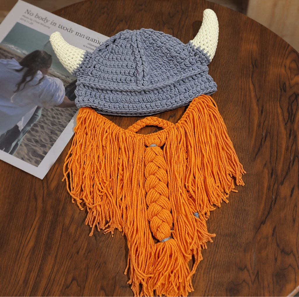 Viking Horn Knit Hat with Beard