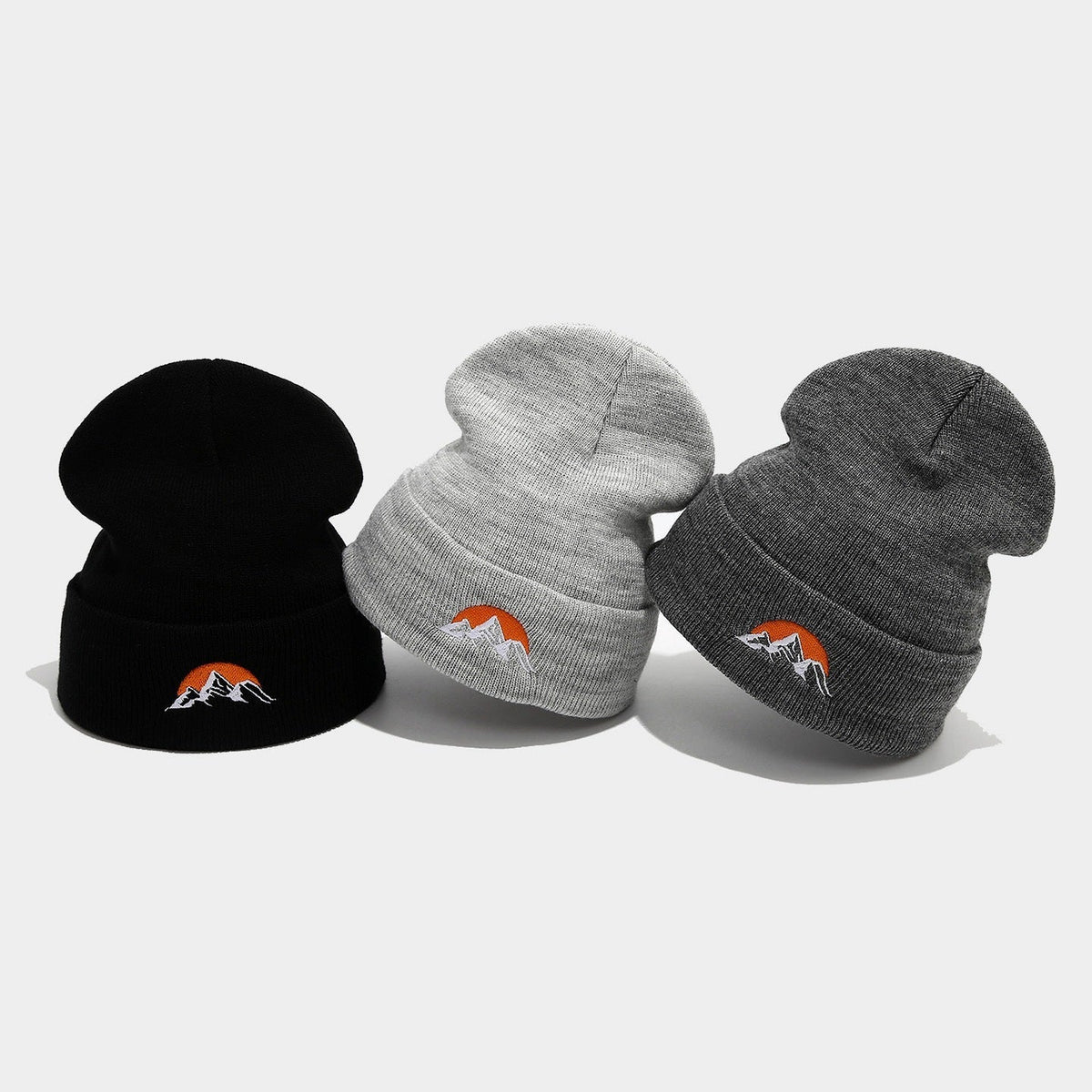 Embroidered Mountain Sun Beanie - Warm Knit Hat