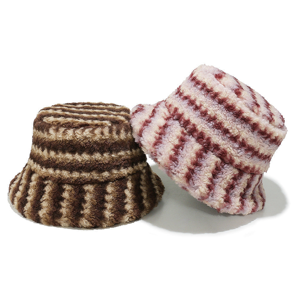 Cozy Lamb Hair Plush Fisherman Hat - Gradient Stripes