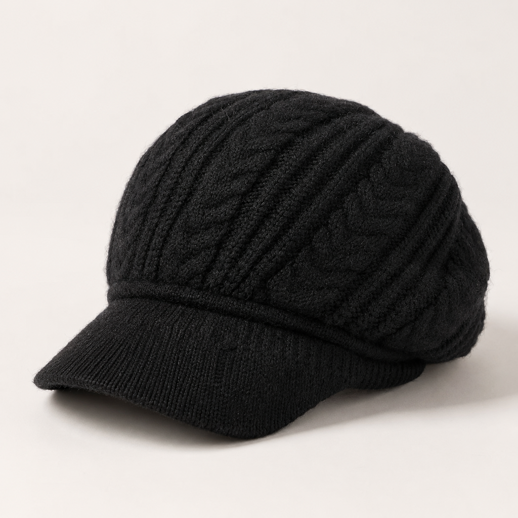 Fleece-Lined Knit Beret with Brim for Women