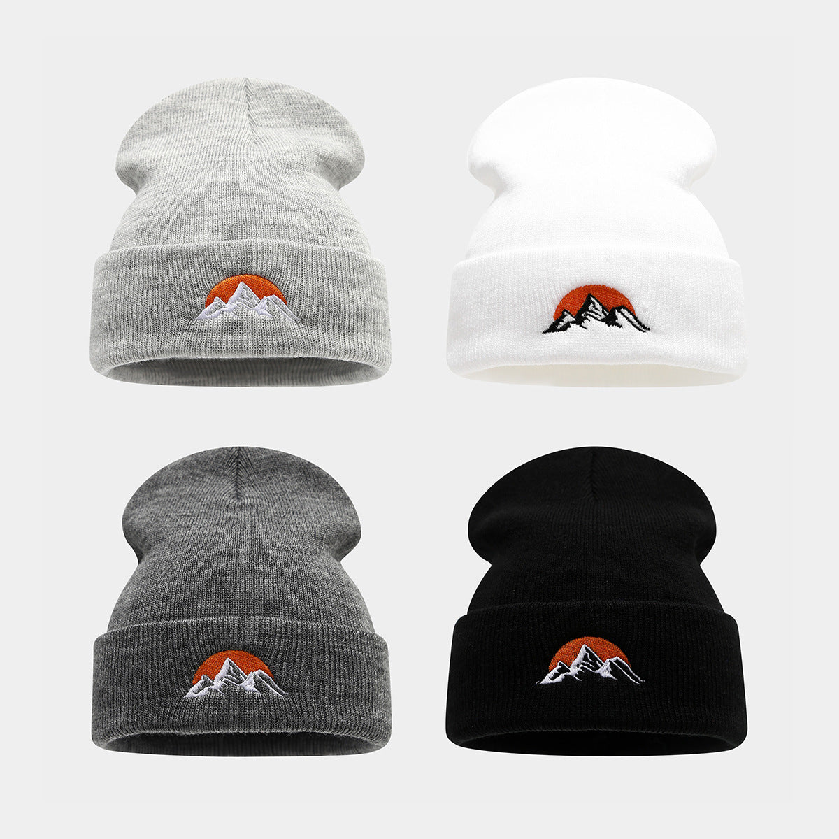 Embroidered Mountain Sun Beanie - Warm Knit Hat