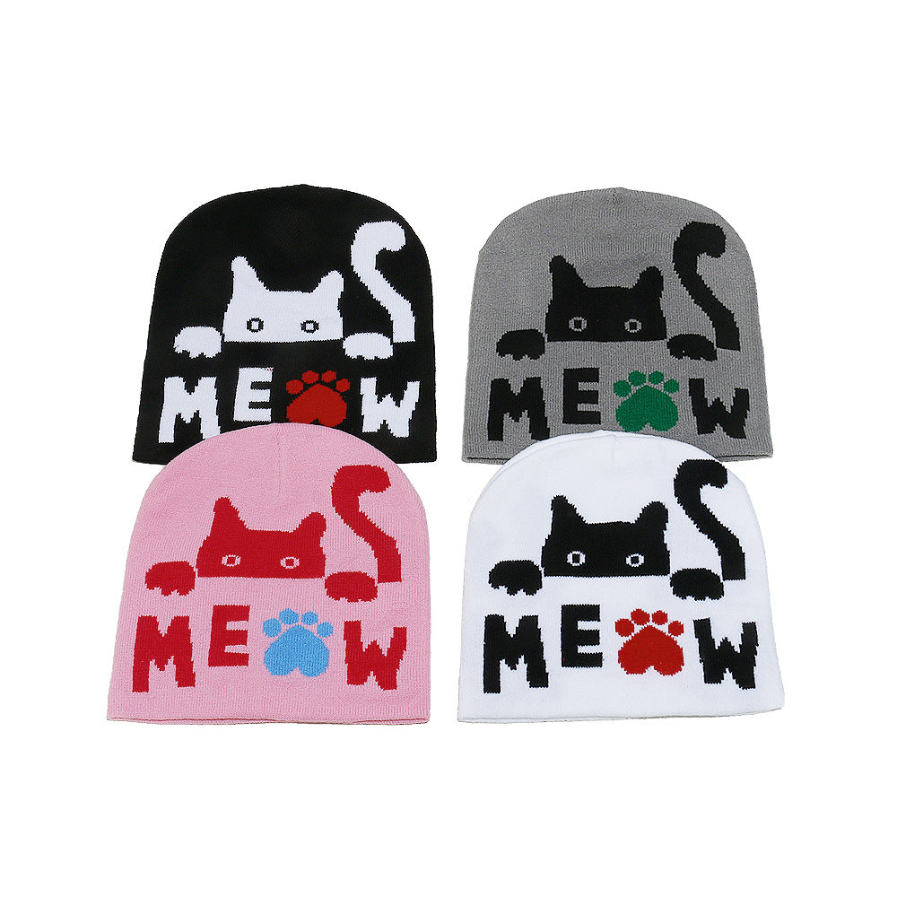 Cute Cat Jacquard Knit Beanie - Cozy Winter Hat