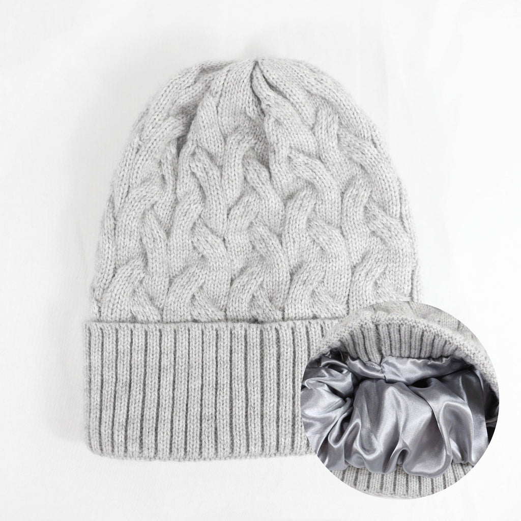 Cashmere Blend Cable Knit Beanie - Satin Lined
