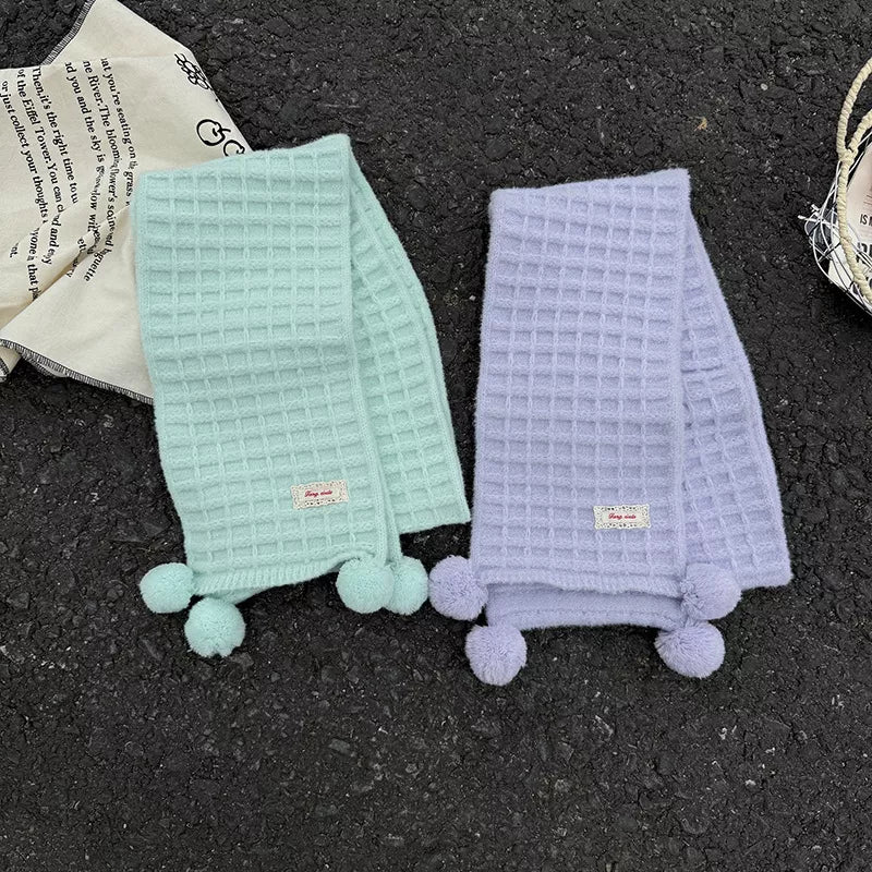 Soft Waffle Knit Pom-Pom Scarf with Label Patch