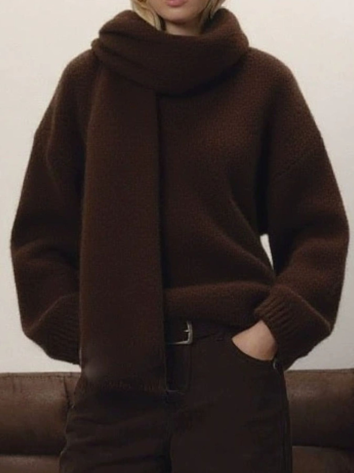 Oversized V Neck Dropped Shoulder Sweater with Scarf