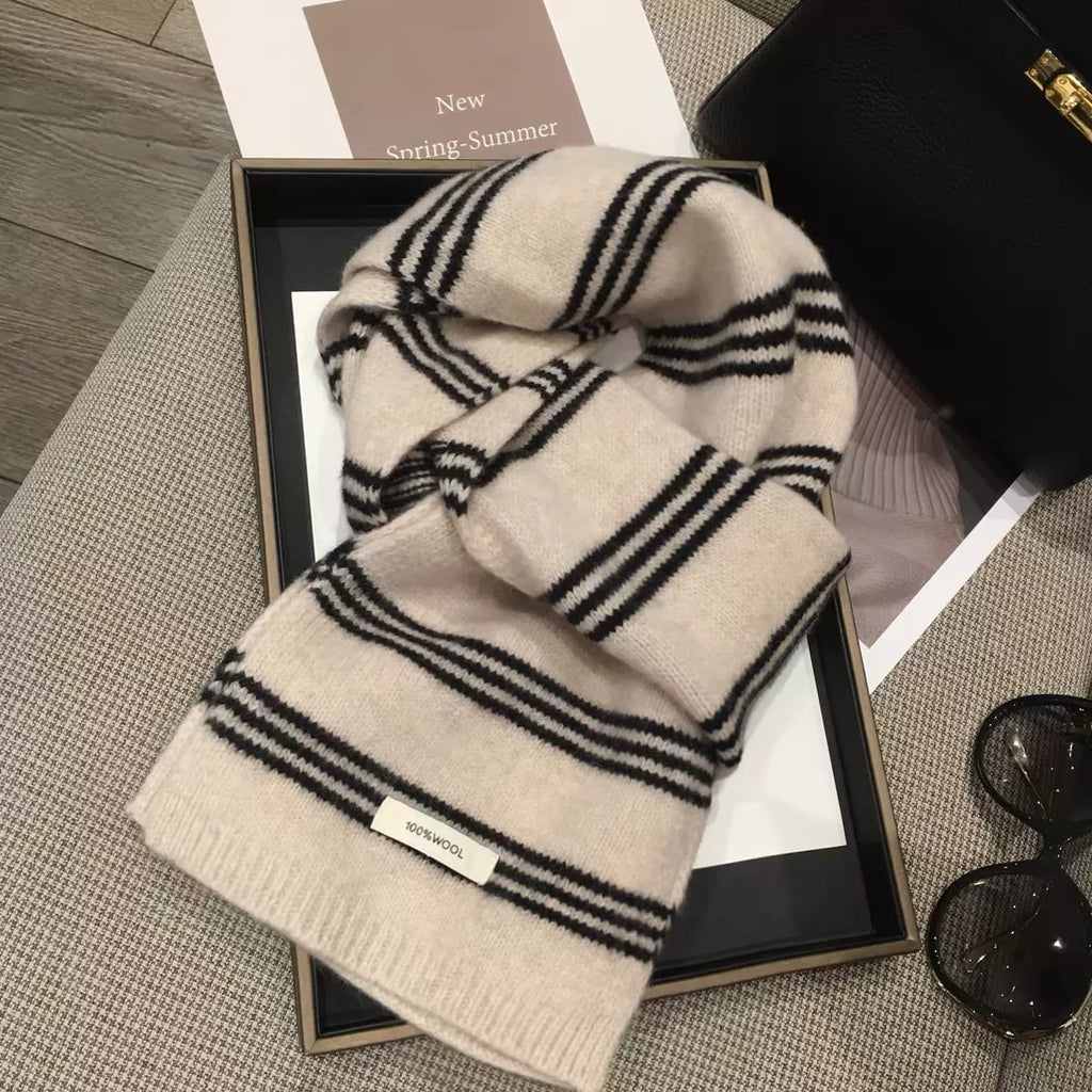 Wool Striped Contrast Knit Warm Scarf