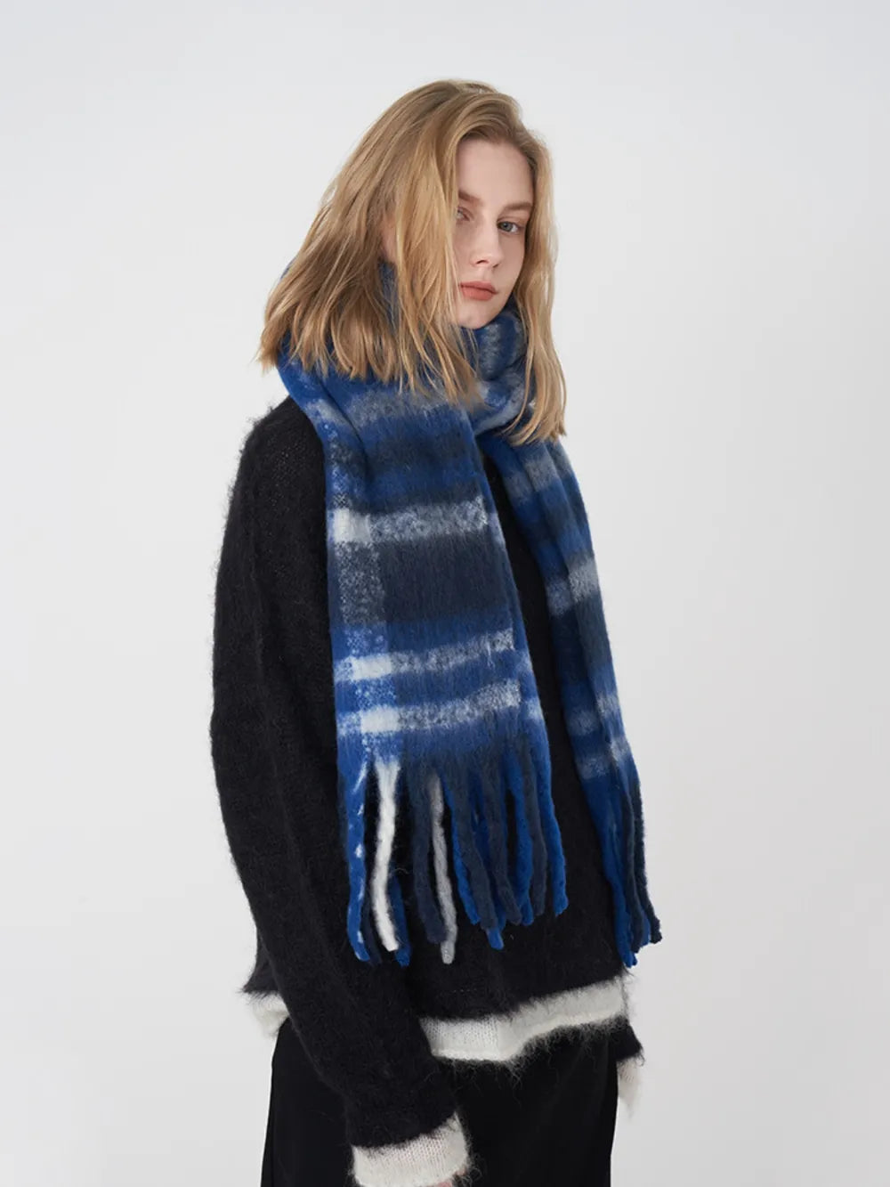Extra Long Fringe Plaid Polyester Scarf