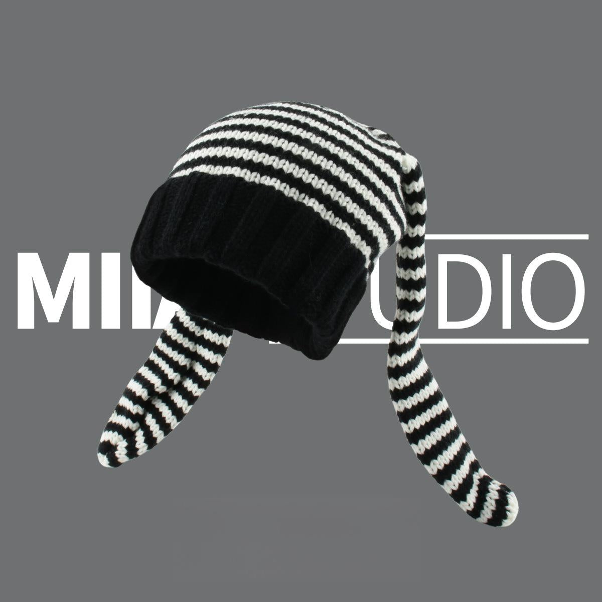Bunny Ears Striped Knitted Beanie with Warm Ear Flaps - Playful Animal Hat - Y2K Street Fashion Cold Weather Cap
