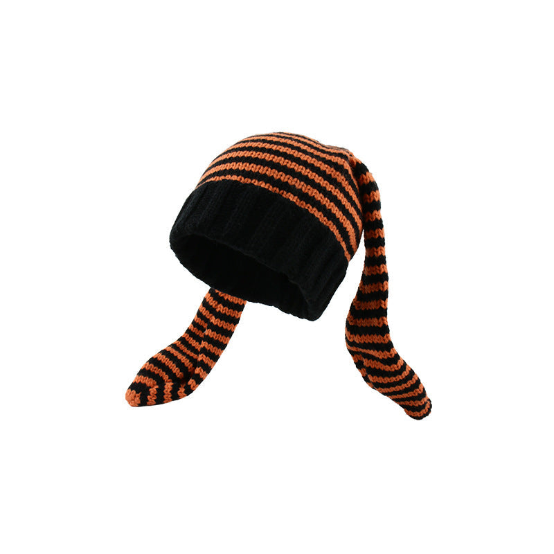 Bunny Ears Striped Knitted Beanie with Warm Ear Flaps - Playful Animal Hat - Y2K Street Fashion Cold Weather Cap