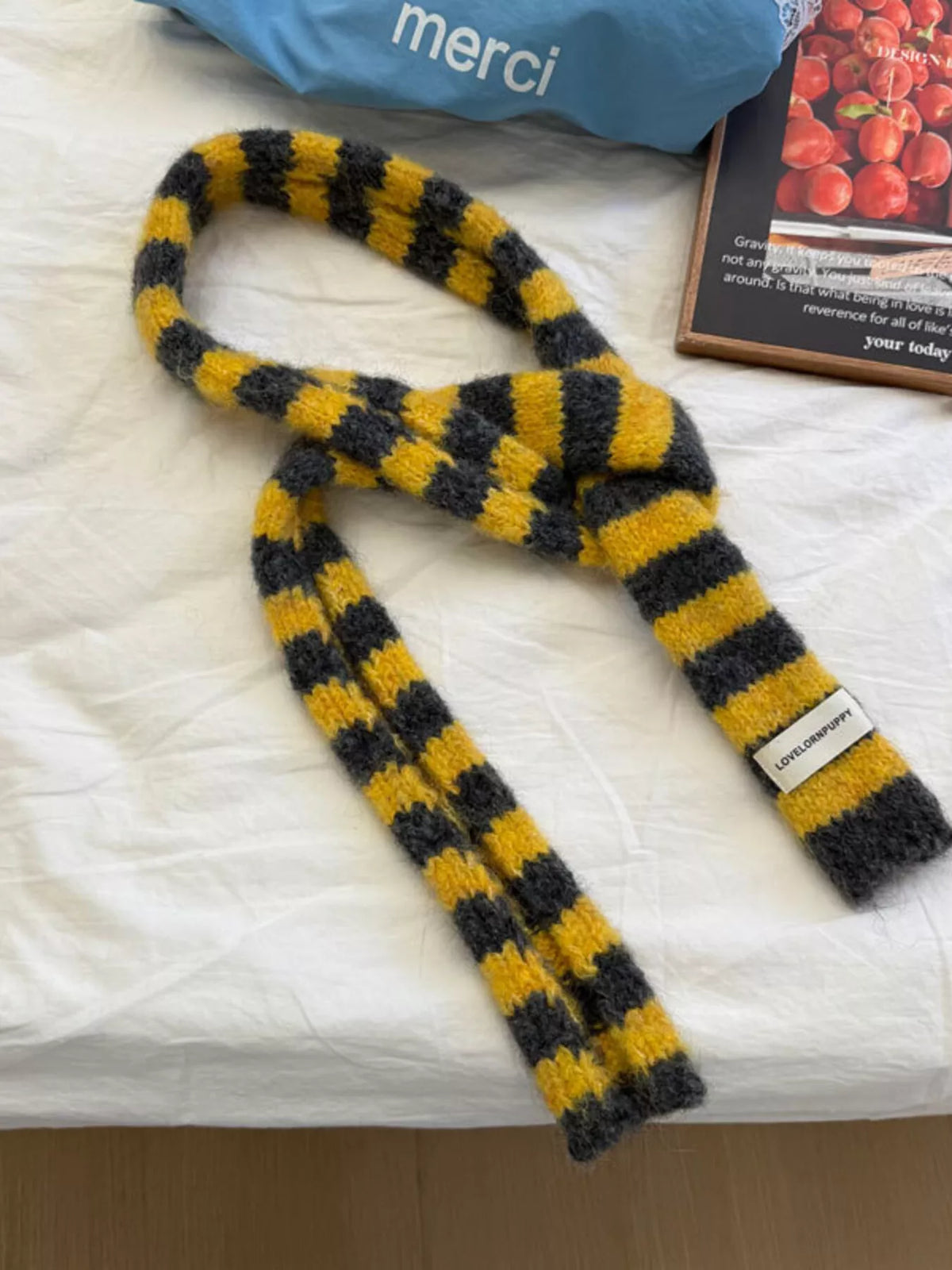 Striped Knitted Warm Scarf with Label Patch