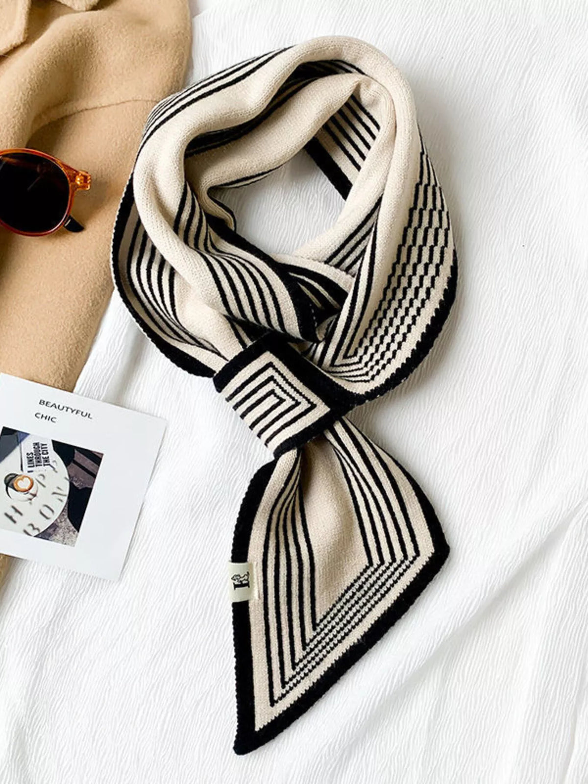 Black Striped Knitted Narrow Winter Scarf