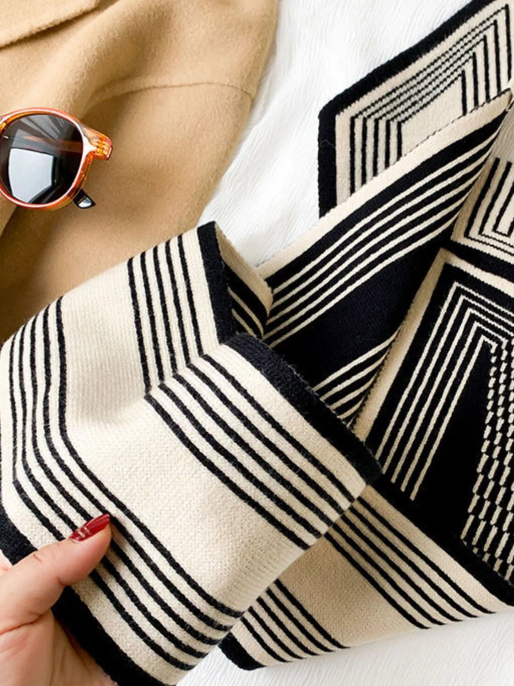 Black Striped Knitted Narrow Winter Scarf