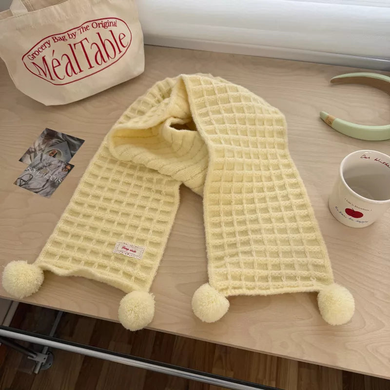 Soft Waffle Knit Pom-Pom Scarf with Label Patch