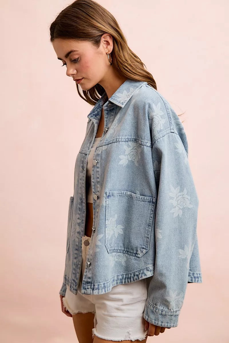 Floral Print Washed Denim Jacket
