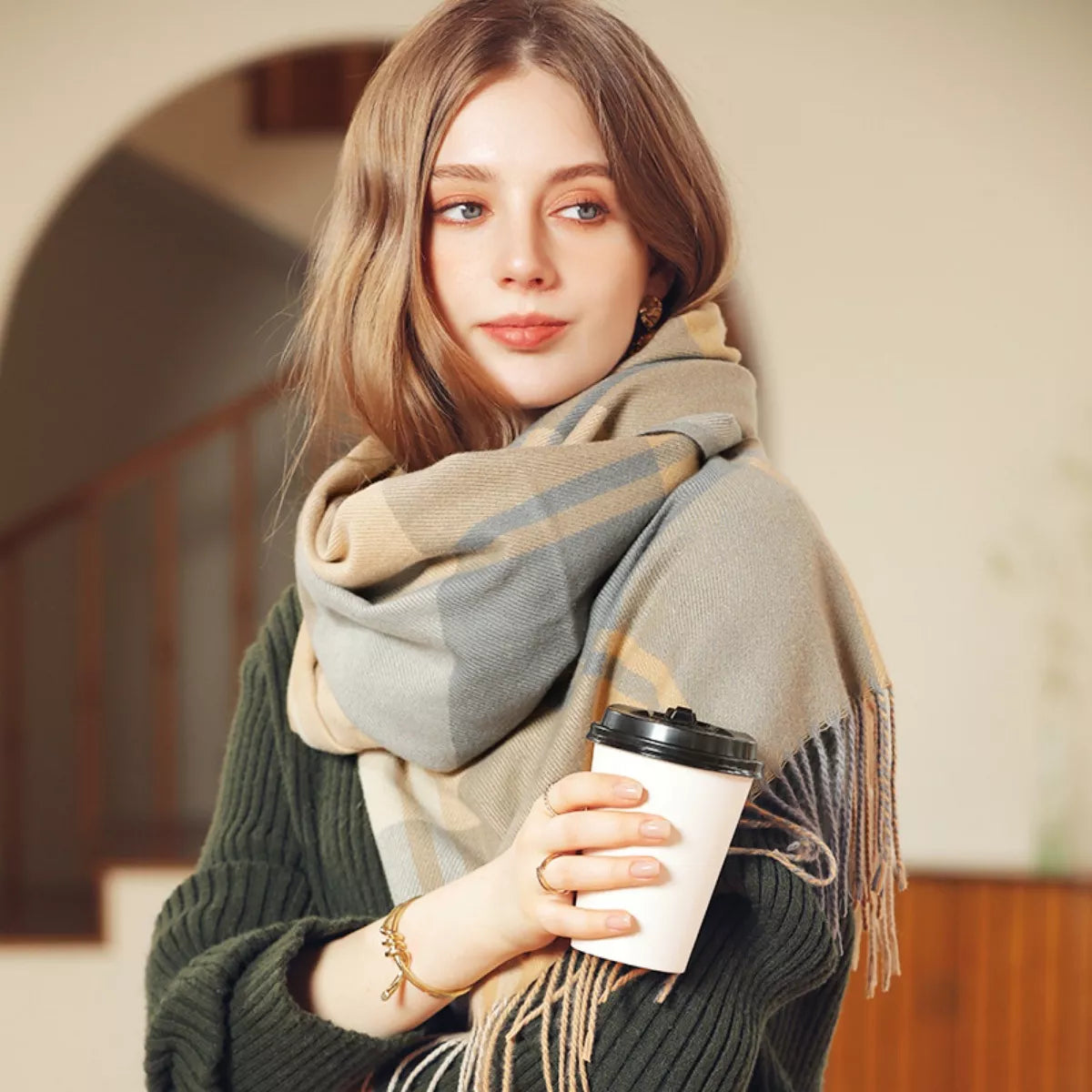 Two Tone Plaid Fringe Scarf