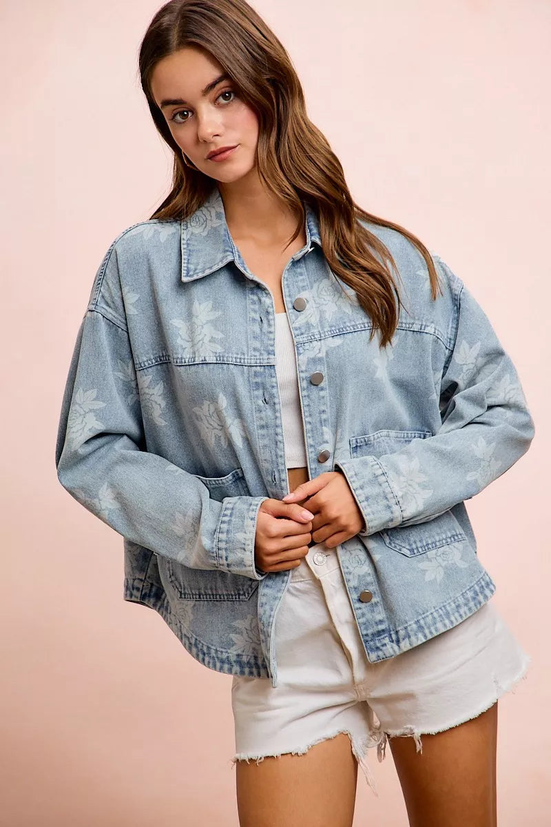 Floral Print Washed Denim Jacket