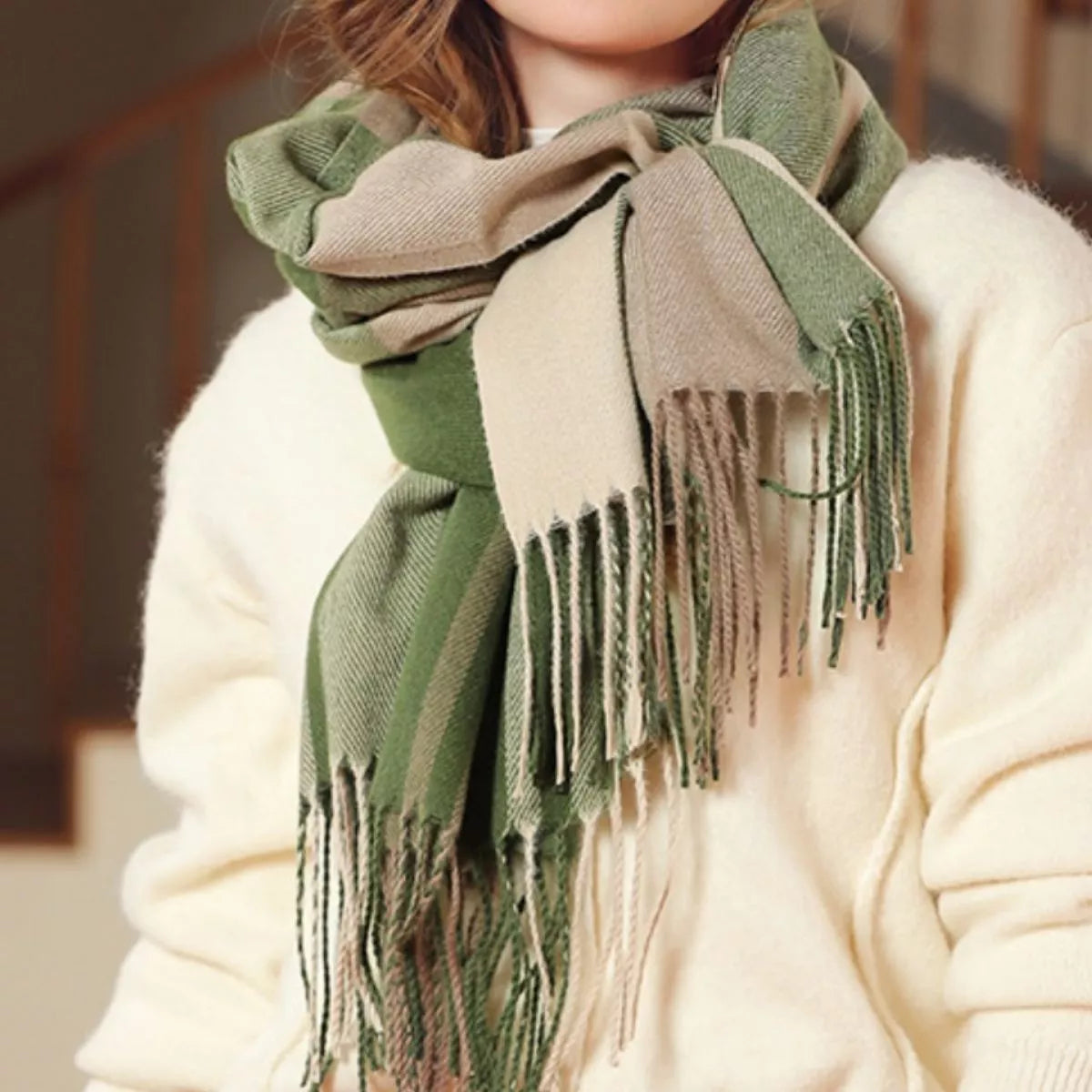 Two Tone Plaid Fringe Scarf