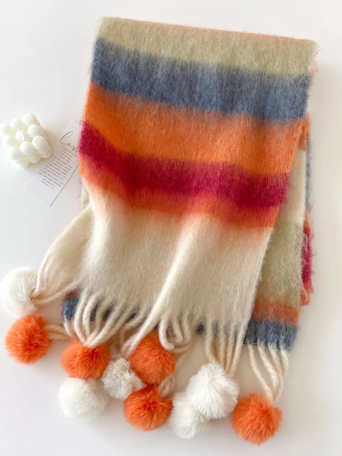 Rainbow Striped Fuzzy Pom Pom Scarf