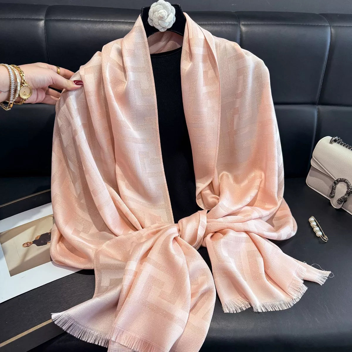 Raw Hem Lightweight Tonal Check Scarf