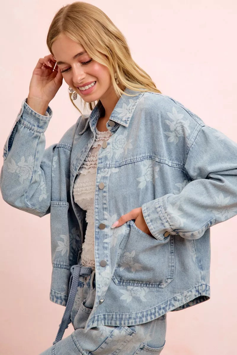 Floral Print Washed Denim Jacket