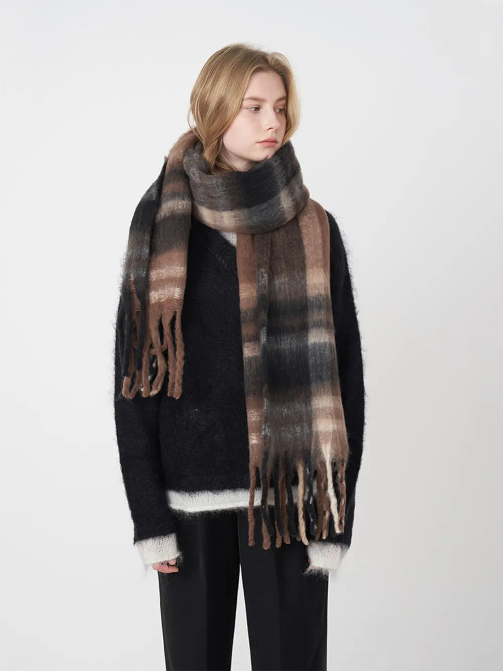 Extra Long Fringe Plaid Polyester Scarf