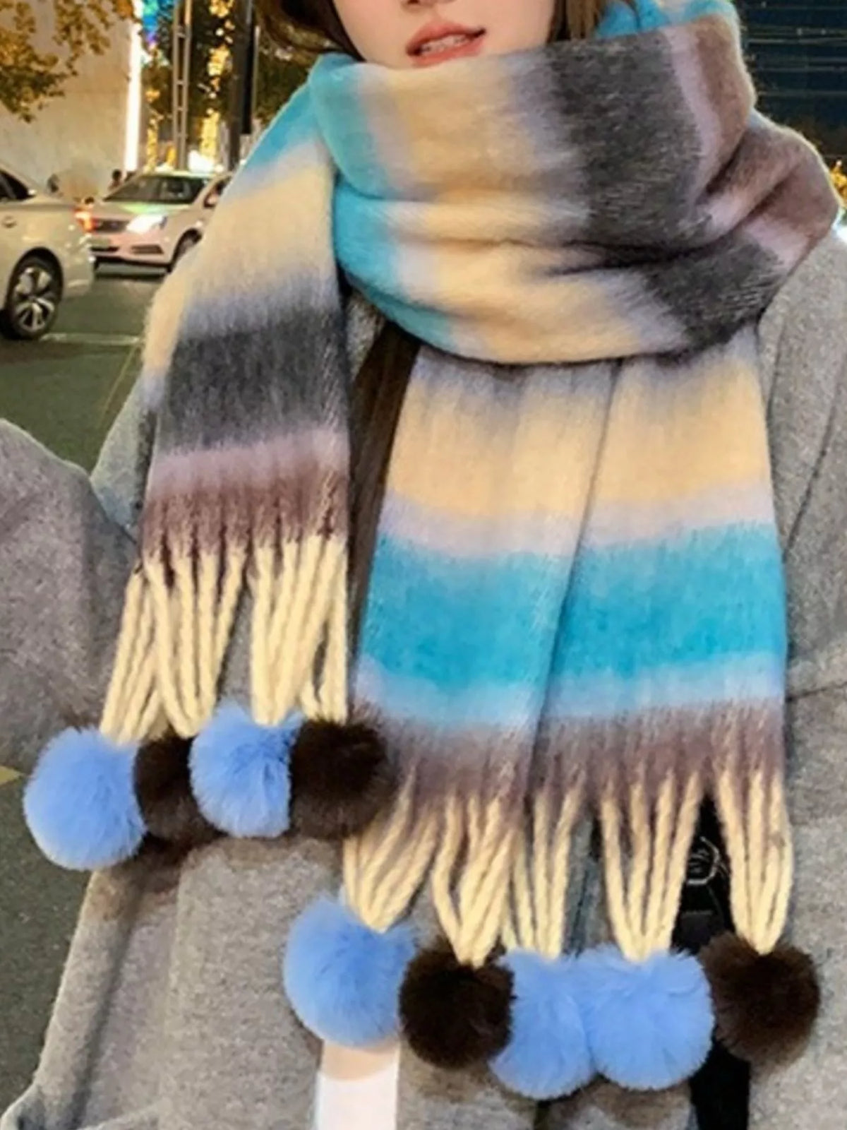 Striped Scarf with Pom-Poms