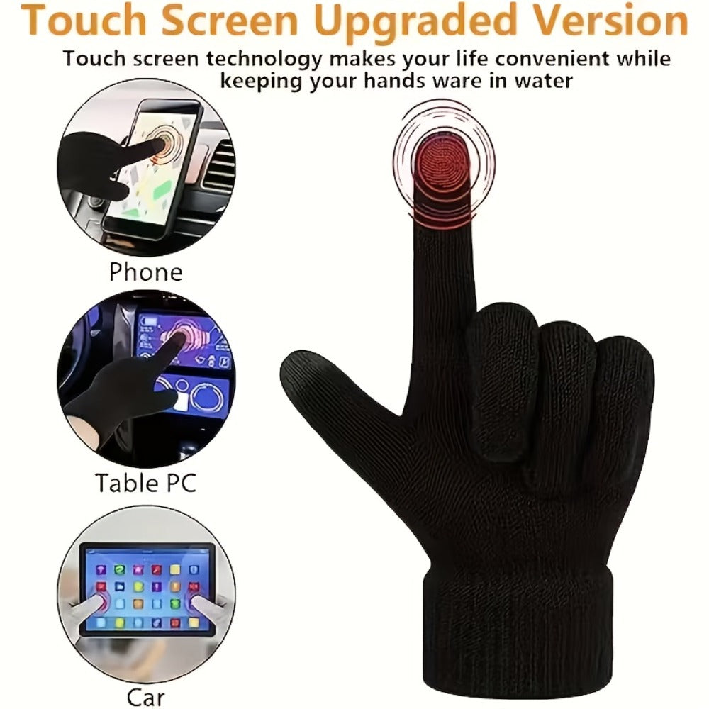 Four-Pair Black Full-Finger Knit Glove Set with Pictured Touchscreen Fingertip Detail and Full Coverage