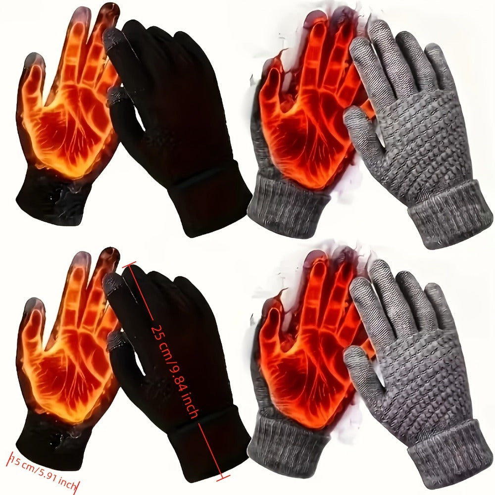Four-Pair Black Full-Finger Knit Glove Set with Pictured Touchscreen Fingertip Detail and Full Coverage