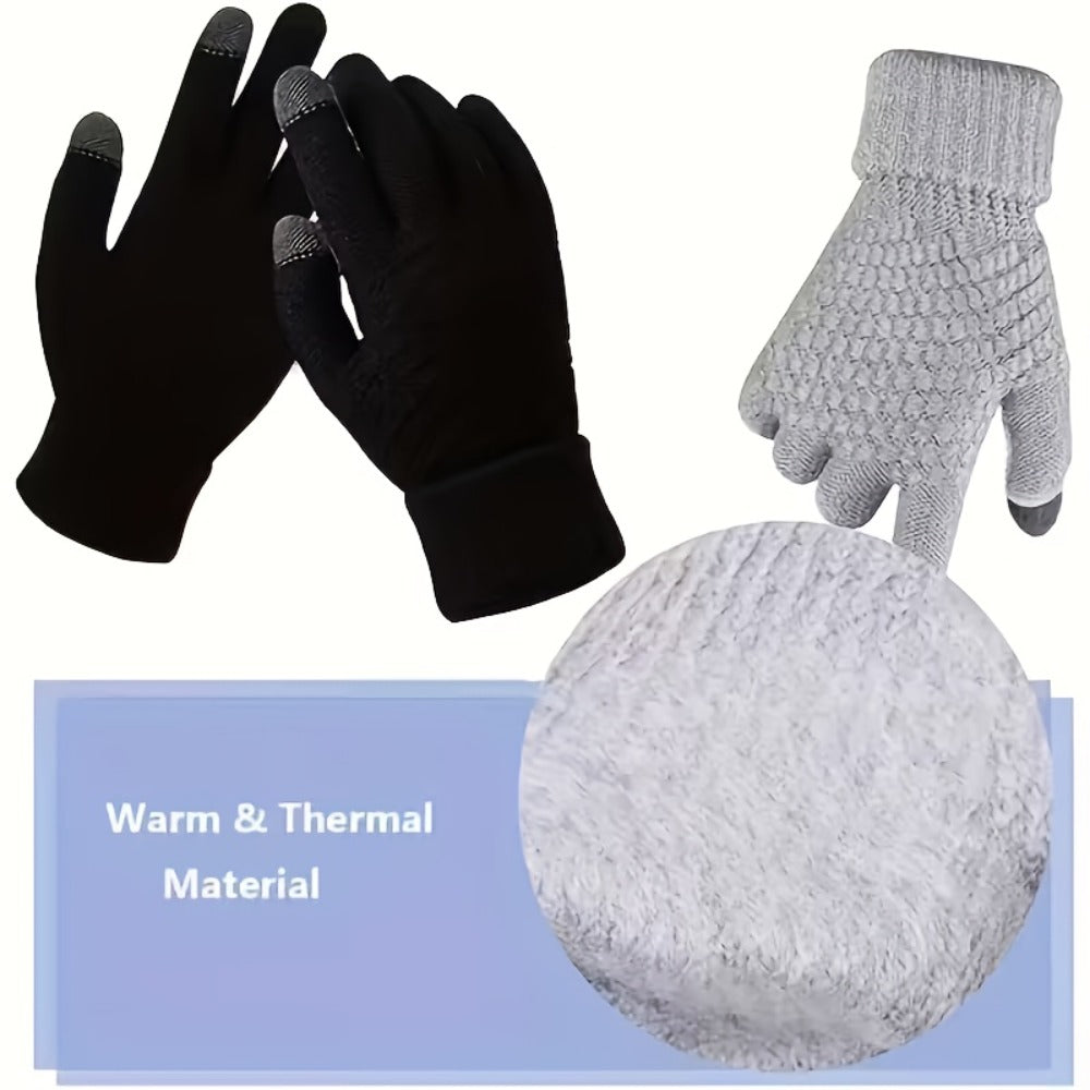 Four-Pair Black Full-Finger Knit Glove Set with Pictured Touchscreen Fingertip Detail and Full Coverage