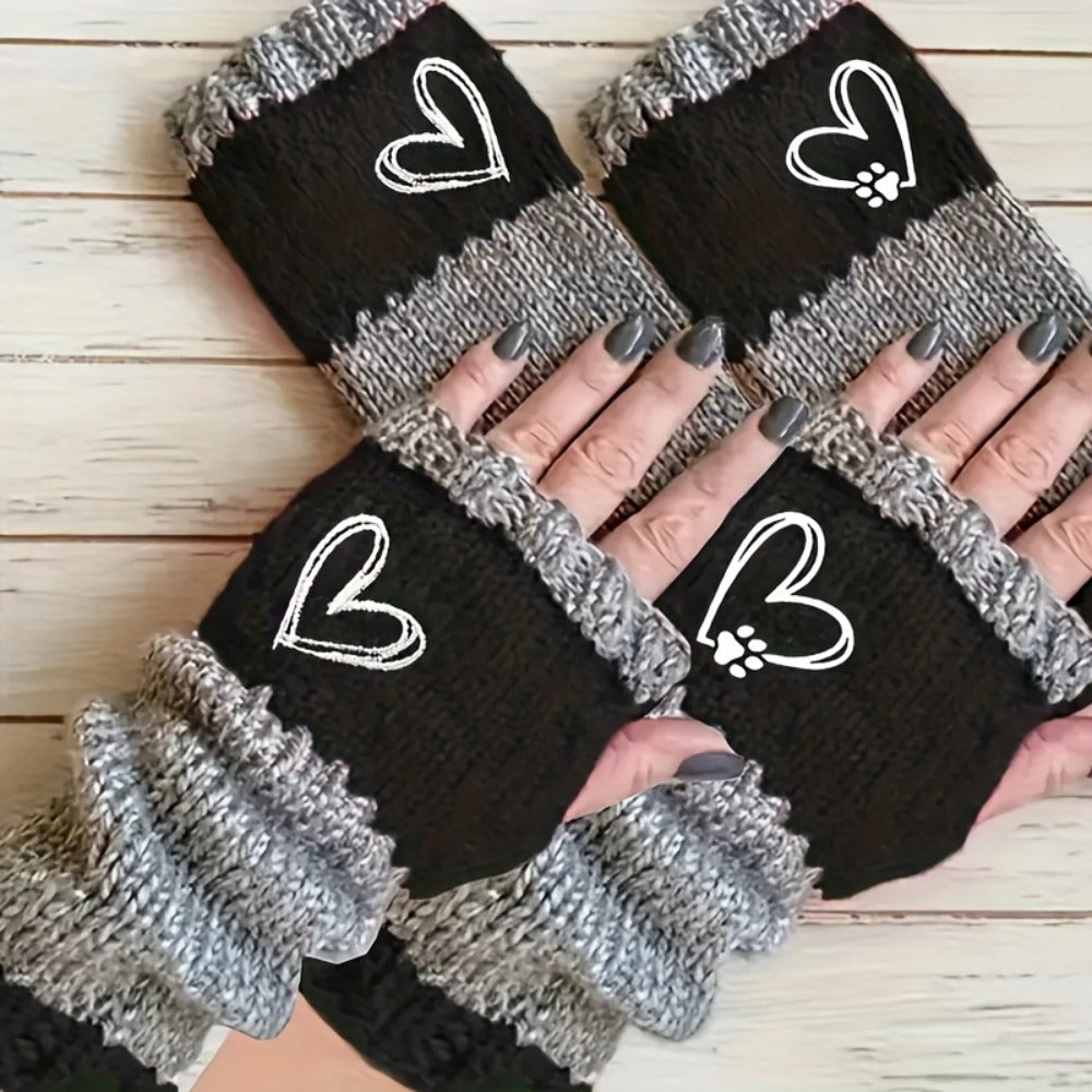 Two-Pair Navy Blue and Purple Fingerless Knit Hand Warmer Set with Heart, Paw and Ribbed-Cuff Details