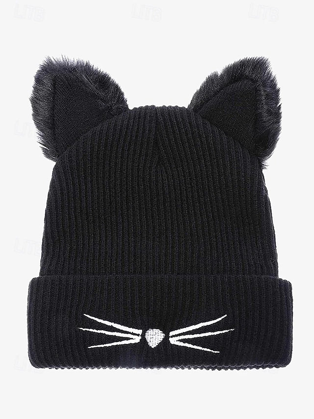 Women's Cute Cat Ear Beanie – Burgundy Knit Hat with Faux Fur Ears and Whisker Embroidery, Cozy and Stylish Winter Accessory