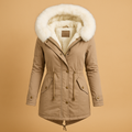 Long winter coat with faux fur hood for women | Amara