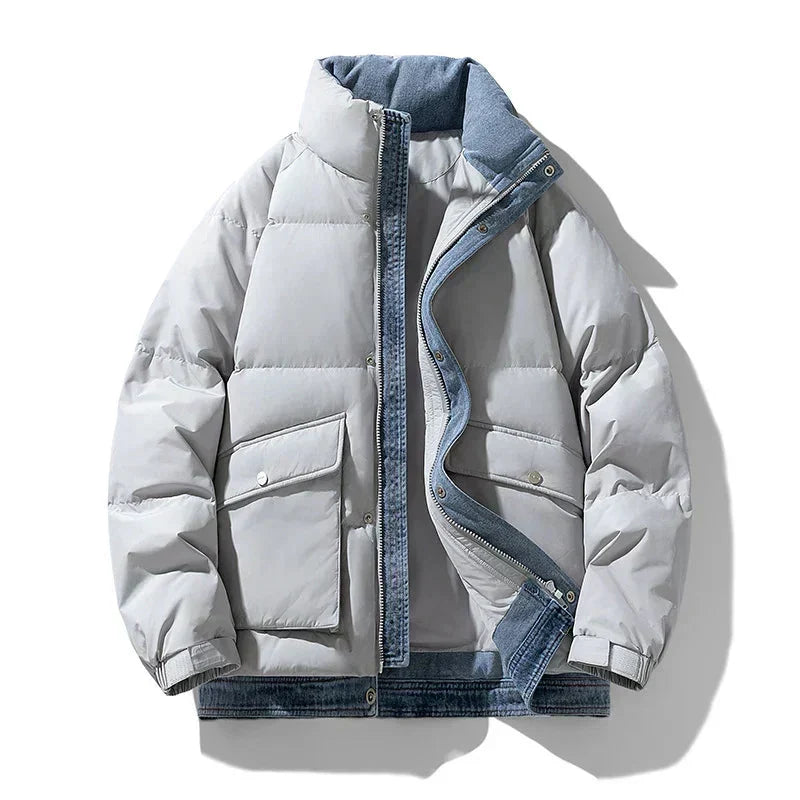 Big Quilted Puffer Coat with Denim Details