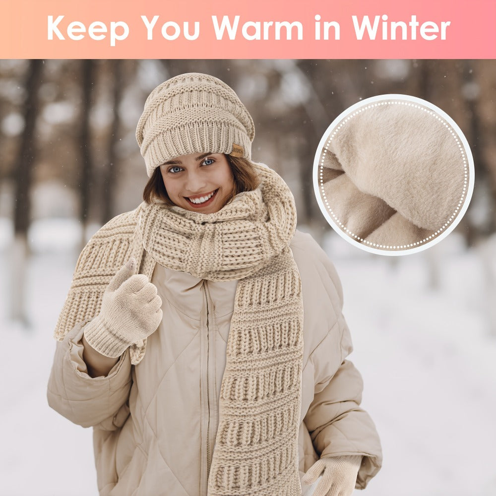 Scarf for Women – Winter Set 3-in-1 Women Hat Long Scarf Touchscreen Gloves Soft Warm Cold Weather Accessories