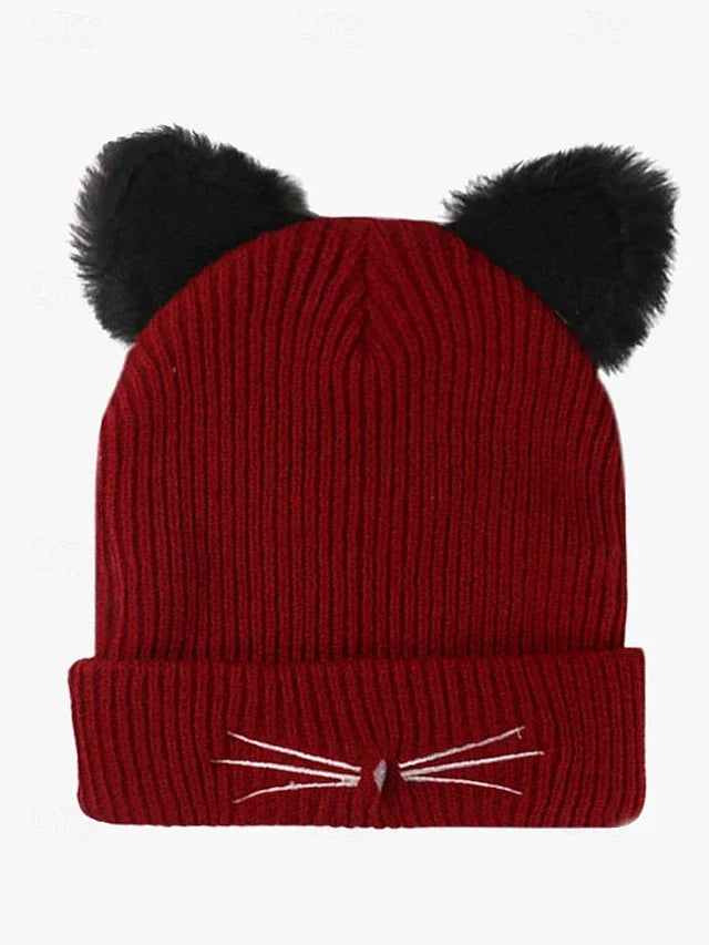 Women's Cute Cat Ear Beanie – Burgundy Knit Hat with Faux Fur Ears and Whisker Embroidery, Cozy and Stylish Winter Accessory