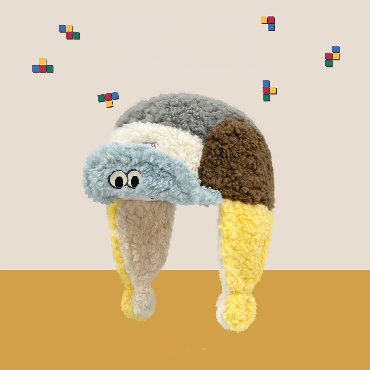 Women's Cute Puff Frog Sherpa Ear-flap Hat, Korean Dopamine Color-Block Design, Winter Warm Versatile Headwear