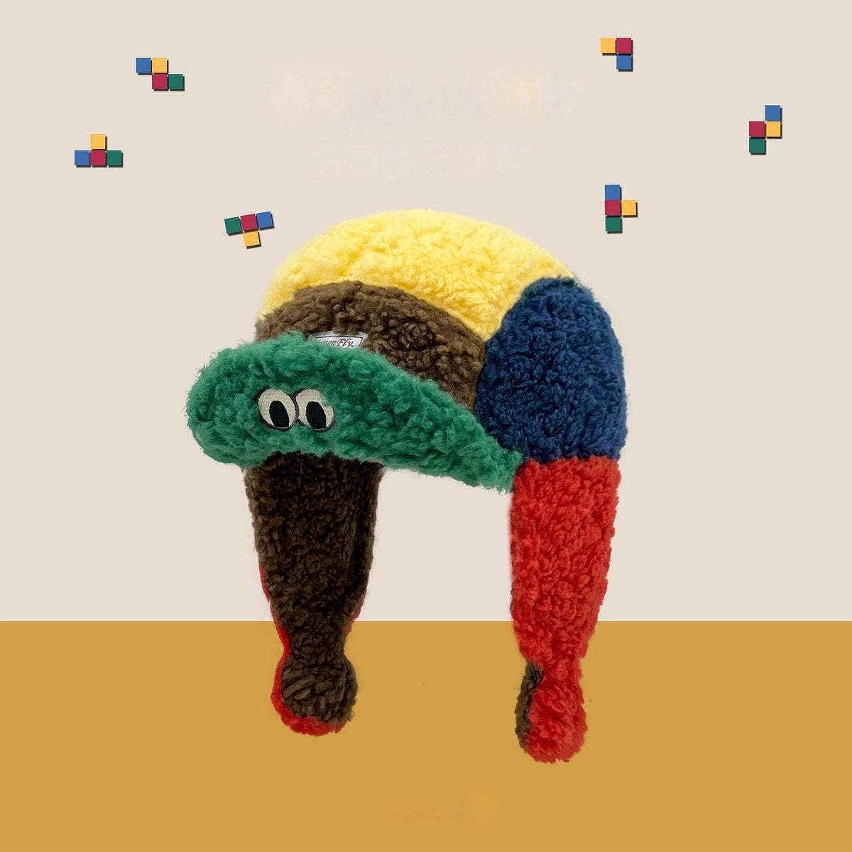 Women's Cute Puff Frog Sherpa Ear-flap Hat, Korean Dopamine Color-Block Design, Winter Warm Versatile Headwear
